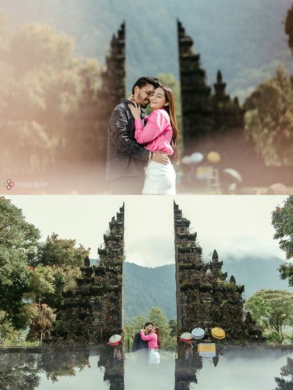 A collage featuring the iconic Handara Gate in Bali. The reflection in the water creates a perfectly symmetrical and breathtaking backdrop for this romantic pre-wedding portrait.