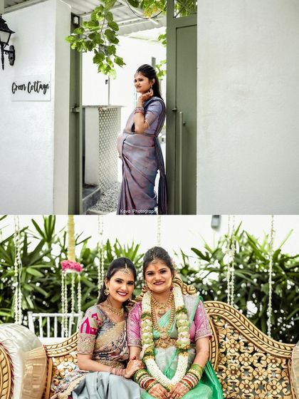 A collage from a baby shower, showing the mother-to-be posing by the cottage and sitting on a beautifully decorated swing with a friend or family member.