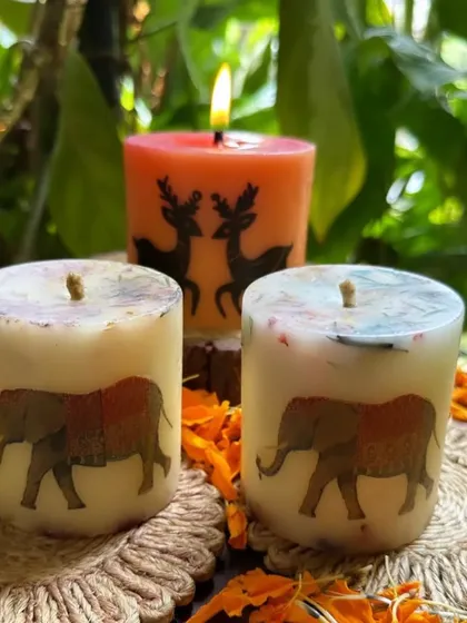 A collection of our Diwali pillar candles, featuring elephant and deer prints. These custom designs add a unique and festive touch to your decor, all handcrafted in organic beeswax.