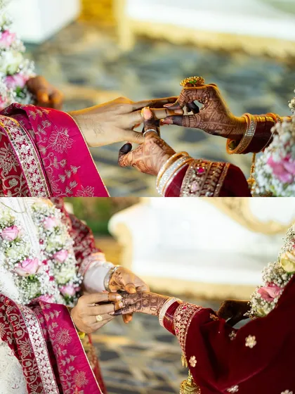 A close-up two-photo collage of the ring exchange ceremony, a pivotal moment in any wedding.