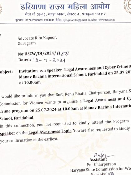 I was invited by the Haryana State Commission for Women to speak on Legal Awareness and Cyber Crime at Manav Rachna International School.