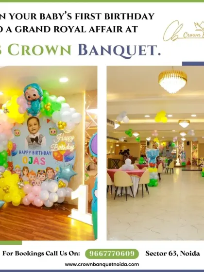 A Cocomelon-themed first birthday party. This image shows our hall transformed with colorful character cutouts and balloon decorations, perfect for fans of the popular show.