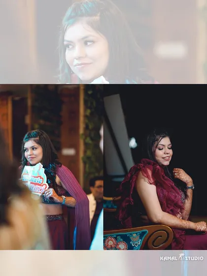 A collage of the bride at her Mehendi, capturing her candid expressions and beautiful outfit.