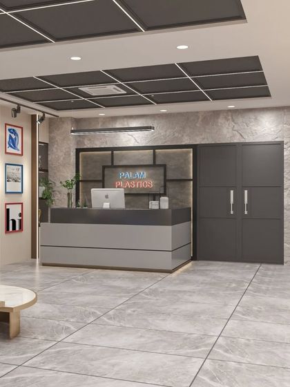 A sleek reception desk against a textured stone wall, designed to give a modern and professional welcome to visitors.