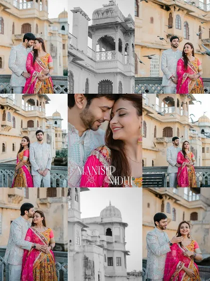 A comprehensive collage from a royal Udaipur photoshoot, blending color and black and white images to tell a complete and artistic story.