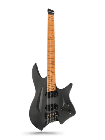 A full-body shot of a black electric guitar with a natural wood fretboard, photographed on a white background to provide a clear, distraction-free image for a product catalogue.