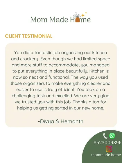 "You took on a challenging task and excelled." Hearing this from a client after organizing their new kitchen is why I do what I do. My goal is to make your space neat, functional, and easier to use.