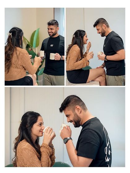 Sharing a cup of coffee and a laugh. Sometimes the best pre-wedding photos happen during the simplest activities, reflecting real-life romance.