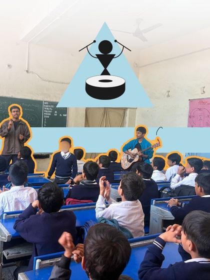 Students clap along to a rhythm, fully engaged in the activity. The graphic overlay highlights our focus on building rhythm and teamwork skills.