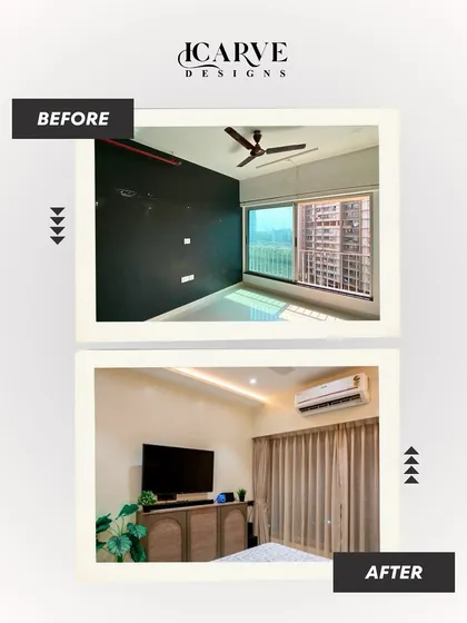 The magic of a well-planned makeover. We took this bedroom from a dark, empty room to a bright and inviting space with layered lighting, custom furniture, and a warm, neutral color scheme.