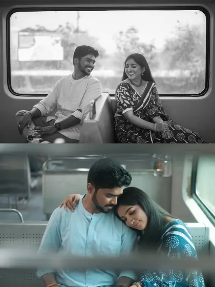 A collage showing two different moods from the train shoot. The top black and white photo is light and joyful, while the bottom color photo is more serene and intimate. This shows the range of emotions we can capture in one session.