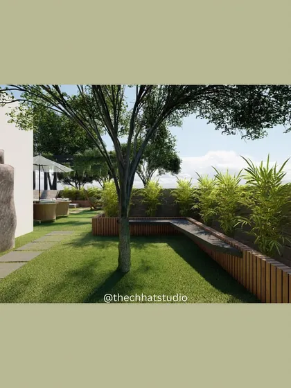 In this landscape design, I focused on creating a serene garden space using natural elements. The layout incorporates stone pathways, wooden planters, and strategically placed trees and shrubs to craft a peaceful and visually appealing outdoor environment.