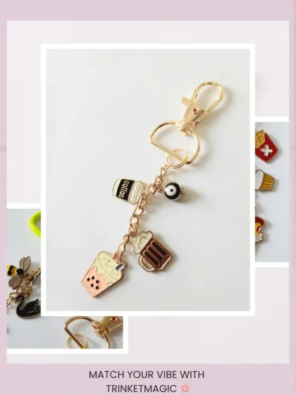 Match your vibe with these custom keychains. This collage highlights the coffee, boba, and beer charm keychain, perfect for beverage lovers.