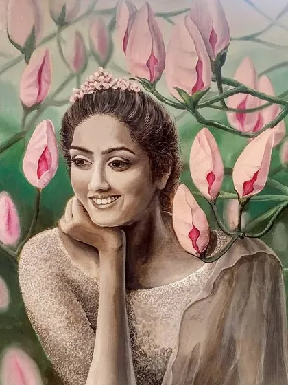 Titled 'Awaiting', this surrealist portrait combines a realistic subject with a dreamlike environment. The piece captures a feeling of gentle anticipation, with the soft expression of the model framed by delicate, unopened flower buds.