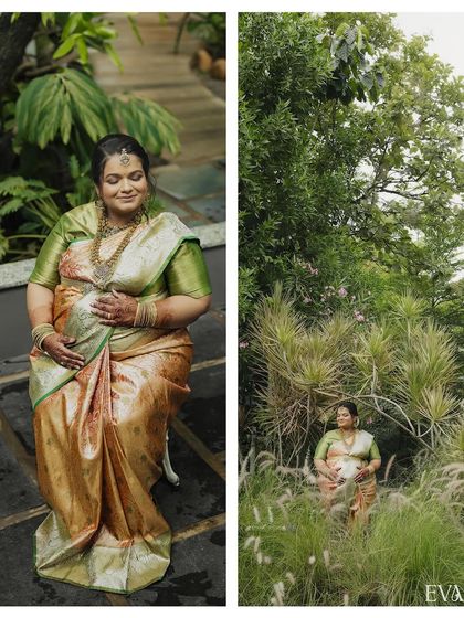 A diptych showcasing the mother-to-be in a lush, natural environment. One image is a peaceful seated portrait, while the other shows her standing amidst tall, wild grasses, connecting with nature.