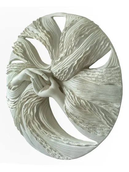 An angled view of 'The Awakening Cycle series 2,' highlighting the three-dimensional quality of the upcycled paper sculpture and the delicate interaction between the hands.