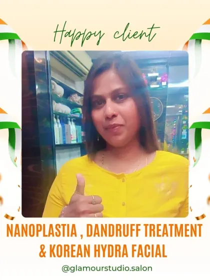 A happy client gives a thumbs-up after her Nanoplastia, Dandruff Treatment, and Korean Hydra Facial. A complete transformation.