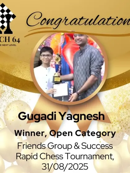 Congratulations to Gugadi Yagnesh on winning the Open Category at the Friends Group & Success Rapid Chess Tournament. We also commend our coach, Arvind Iyer, for his excellent guidance.