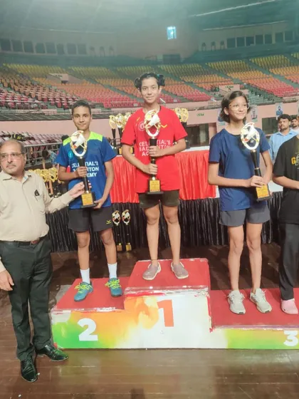 The winners' podium for the Girls Singles U-15 category at the Delhi State Championship, with our players Prasidhi and Sneha taking the gold and silver medals.