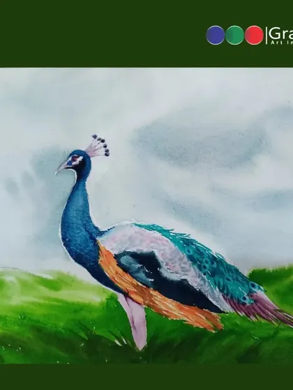 A closer look at the beautiful watercolor peacock painting. Notice the delicate washes in the background and the vibrant colors of the bird.