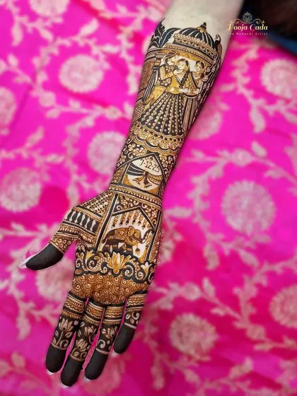 A masterpiece for an NRI bride, this design features a stunning portrait of the bride in her doli, surrounded by intricate patterns.