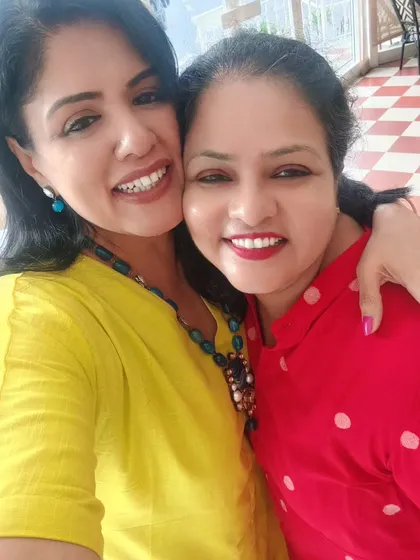 A bright and happy selfie with my friend Marina, our colourful outfits reflecting the mood.