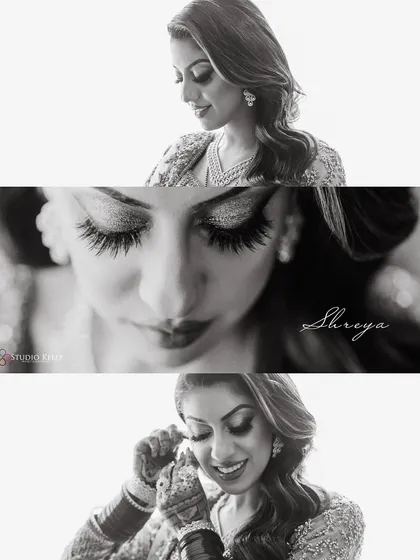 A stunning black-and-white collage of the bride getting ready, focusing on her expressive eyes and delicate features.