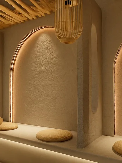 This seating nook is from a project where I wanted to create a cave-like sense of enclosure and peace. The arched alcoves, finished with a hand-applied textured plaster, are lit from within to create a warm, inviting glow. The low seating and woven pendant lights are inspired by Japandi design principles, focusing on simplicity, natural materials, and creating a space that encourages quiet conversation.
