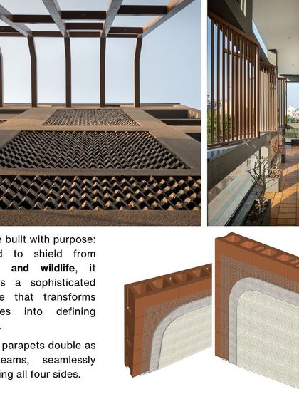 The facade is built with purpose. To shield from pollution and wildlife, balcony parapets are designed to double as structural RCC beams, seamlessly connecting all four sides of the building and turning a challenge into a defining feature.