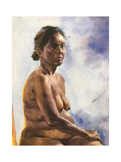 A nude study of a female figure done in watercolours. This medium allows for a softer, more fluid approach to painting the human form.