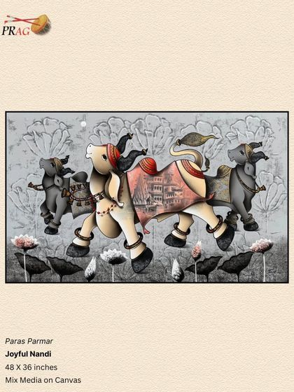 "Joyful Nandi" by Paras Parmar uses a mix of color and monochrome. The simple black frame is a neutral choice that works well with the artwork's graphic quality.