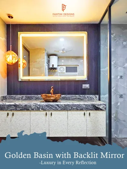 Details make the design. In this bathroom, we paired a custom marble vanity with a statement golden basin and a large backlit mirror. It’s these small touches of luxury that elevate the entire space.