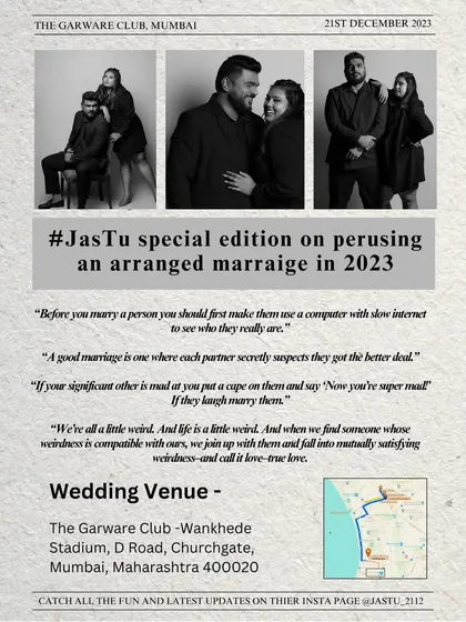 A special edition of the 'JasTu' wedding newspaper with humorous takes on arranged marriages.