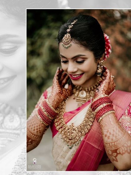 A creative portrait of a bride, with a soft frame effect that draws focus to her happy expression.
