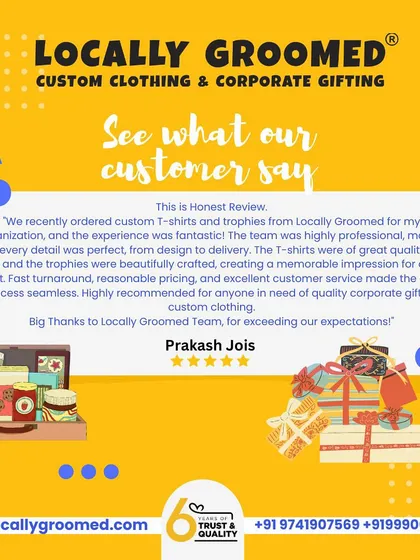"The t-shirts were of great quality and fit, and the trophies were beautifully crafted." This review from Prakash Jois highlights our ability to deliver excellence across different product categories, from apparel to awards.