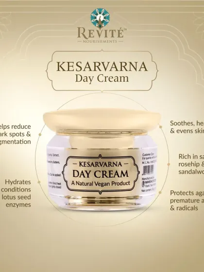 The Kesarvarna Day Cream is rich in saffron, rosehip, and sandalwood. It helps reduce dark spots, hydrates with lotus seed enzymes, and protects against premature aging.