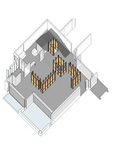 An early spatial diagram for the Lucknow penthouse, showing the placement of the freestanding wooden partition 'pods' to define different functional areas within the open-plan layout.