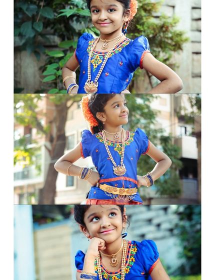A collage showcasing different poses of a young girl in her traditional attire. We work to capture a variety of expressions and angles during each session.