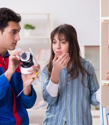 Our process includes a consultation to understand your specific security needs. Here, a technician explains the features of an indoor camera to a client, ensuring they get the right solution for their home.
