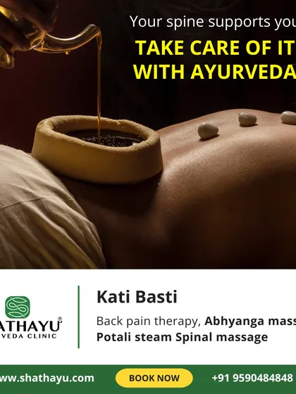 For chronic lower back pain, spondylitis, or slip disc issues, I often recommend Kati Basti. This image shows the therapy, where a reservoir made of dough is placed on the back and filled with warm, medicated oil. This process deeply nourishes the spinal tissues, relieves inflammation, and eases muscle spasms.