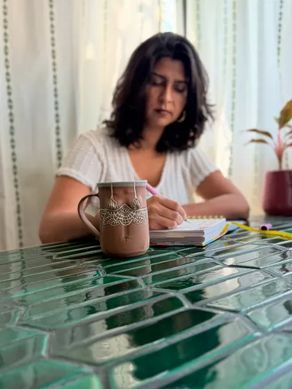 The Déesse collection is born from stories and sketches. Here I am, working on new ideas with one of the finished pieces right by my side for inspiration.