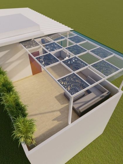 This 3D render presents a modern terrace concept featuring a glass pergola with decorative CNC inserts. The design allows for ample natural light while adding a touch of elegance and sophistication.