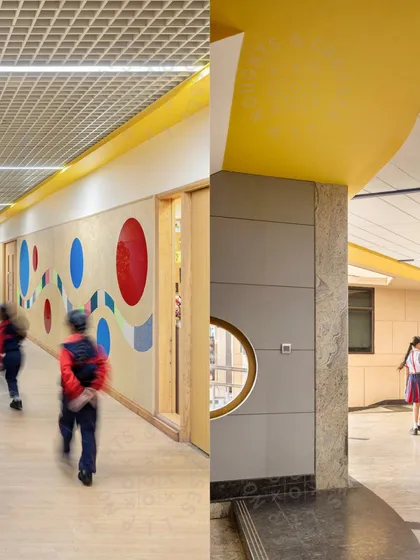 A split view of corridors at GD Goenka Public School. On the left, a playful wall with colorful graphics and mirrors; on the right, a view of an open-air passage. We design these "in-between" spaces to be moments of interaction and play.