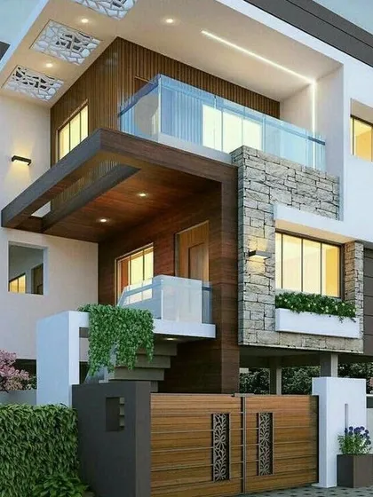 This residential design concept combines stone cladding, wood paneling, and white render to create a richly textured facade. The inclusion of a glass-railed balcony and intricate ceiling cutouts in the entryway adds a layer of modern sophistication.