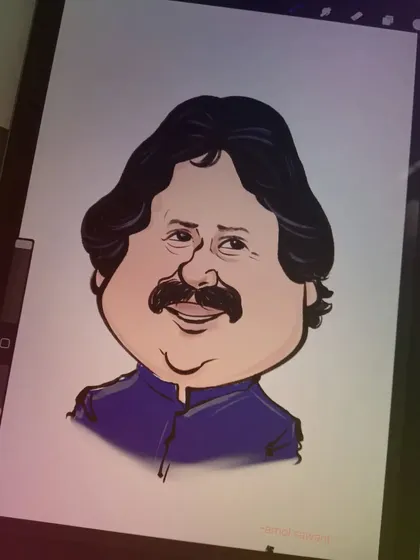 A tribute caricature of the late ghazal maestro Pankaj Udhas, created to honor his memory and contribution to music.