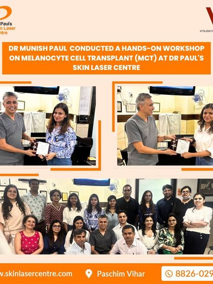 Here I am with participants from a hands-on workshop on Melanocyte Cell Transplant (MCT). Providing practical training to other doctors ensures that more patients have access to advanced and effective vitiligo treatments.