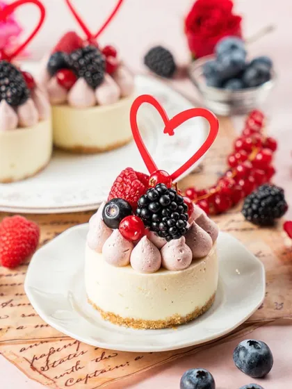 These mini cheesecakes are styled for a romantic occasion. The soft pink background, scattered berries, and heart-shaped toppers come together to create a sweet and charming visual story.