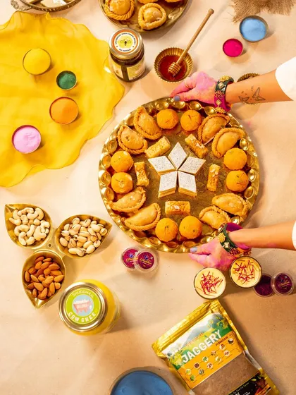 Another angle of the Holi sweets platter, showcasing the importance of composition and styling in creating an abundant, celebratory feel.
