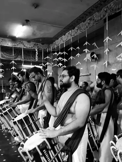 A timeless black and white shot of our ensemble performing during the Mandala Masam festival at the Ulsoor Ayyappan Temple in Bangalore.