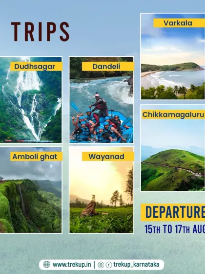 A list of trips available for the August 15th-17th weekend, including Wayanad and Chikkamagaluru alongside our other popular spots.